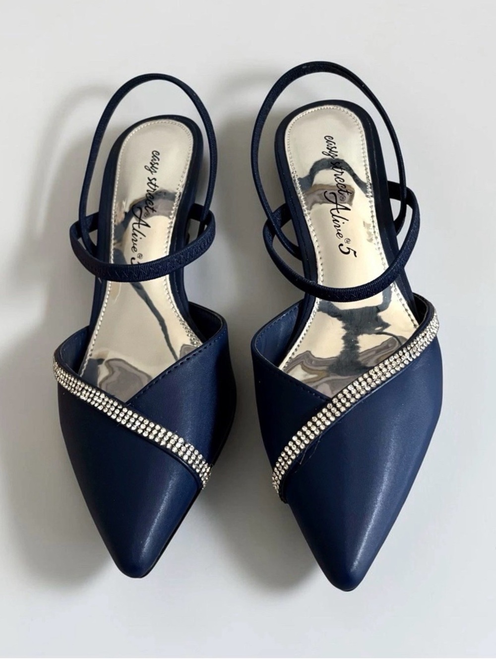 Easy Street Alive 5 Unna Navy Satin Rhinestone Slingback Heels 6M